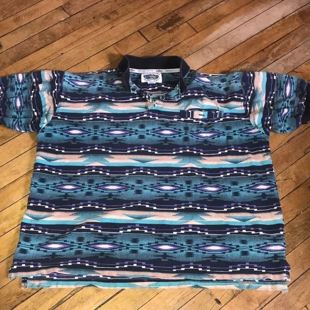 Cumberland Outfitters Mens Geometric Stripe Polo Shirt Teal Navy Pink Large